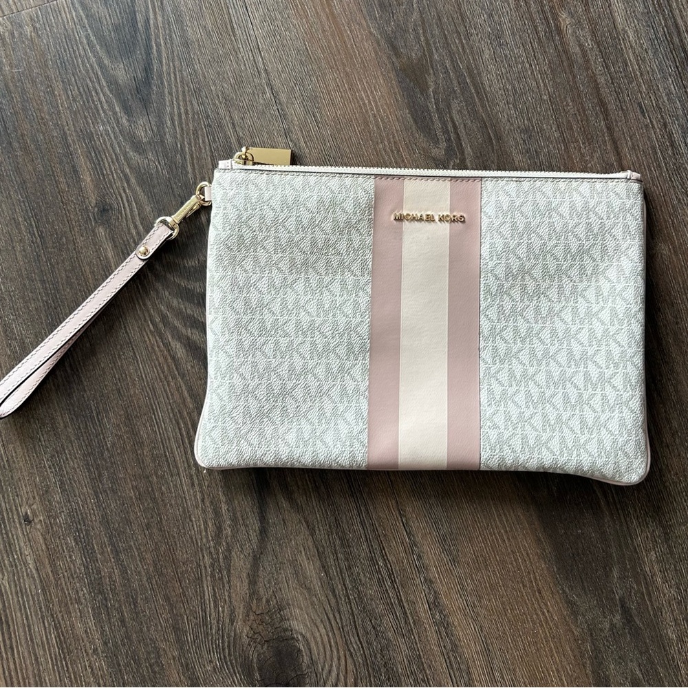 MICHAEL MICHAEL KORS WOMENS MONOGRAM LOGO WRISLET ZIP POUCH PINK IVORY GOLD